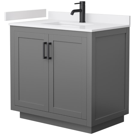 A large image of the Wyndham Collection WCF2929-36S-VCA-MXX Dark Gray / White Cultured Marble Top / Matte Black Hardware