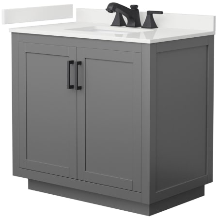 A large image of the Wyndham Collection WCF292936S-QTZ-US3MXX Dark Gray / White Quartz Top / Matte Black Hardware