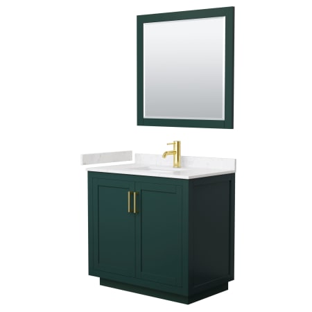 A large image of the Wyndham Collection WCF2929-36S-VCA-M34 Green / Carrara Cultured Marble Top / Brushed Gold Hardware