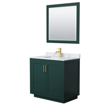 A large image of the Wyndham Collection WCF2929-36S-NAT-M34 Green / White Carrara Marble Top / Brushed Gold Hardware