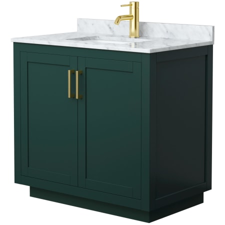A large image of the Wyndham Collection WCF2929-36S-NAT-MXX Green / White Carrara Marble Top / Brushed Gold Hardware