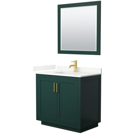 A large image of the Wyndham Collection WCF292936S-QTZ-UNSM34 Green / Giotto Quartz Top / Brushed Gold Hardware
