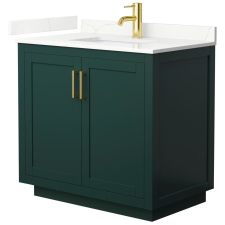 A large image of the Wyndham Collection WCF292936S-QTZ-UNSMXX Green / Giotto Quartz Top / Brushed Gold Hardware