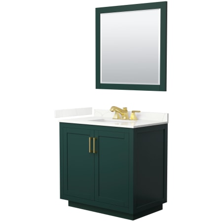 A large image of the Wyndham Collection WCF292936S-QTZ-US3M34 Green / Giotto Quartz Top / Brushed Gold Hardware