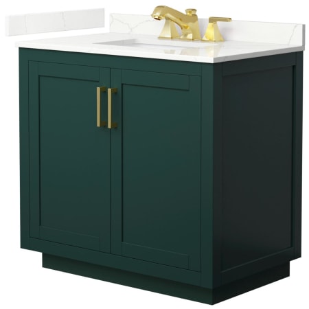 A large image of the Wyndham Collection WCF292936S-QTZ-US3MXX Green / Giotto Quartz Top / Brushed Gold Hardware