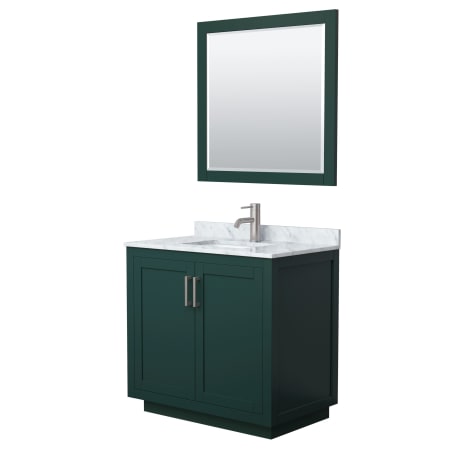 A large image of the Wyndham Collection WCF2929-36S-NAT-M34 Green / White Carrara Marble Top / Brushed Nickel Hardware