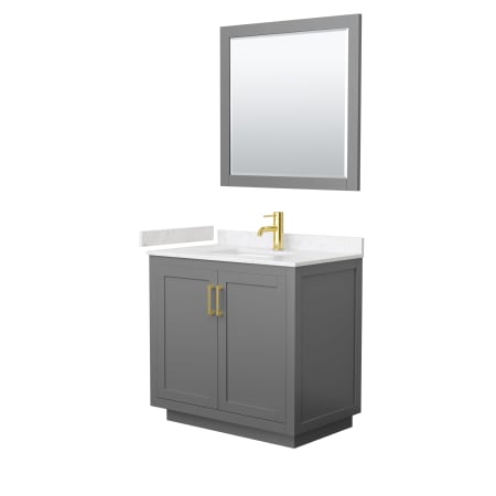 A large image of the Wyndham Collection WCF2929-36S-VCA-M34 Dark Gray / Carrara Cultured Marble Top / Brushed Gold Hardware