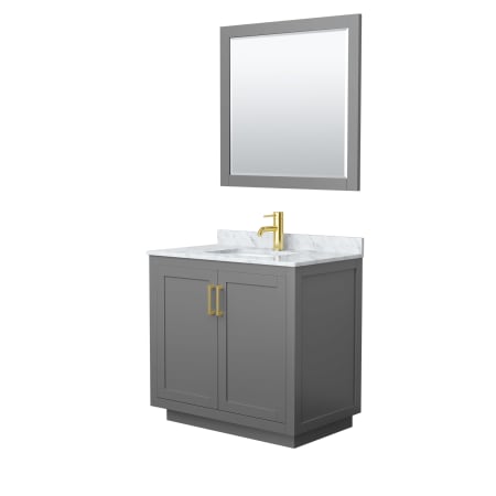 A large image of the Wyndham Collection WCF2929-36S-NAT-M34 Dark Gray / White Carrara Marble Top / Brushed Gold Hardware