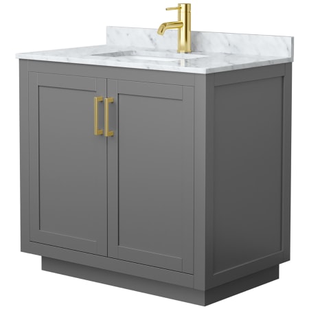 A large image of the Wyndham Collection WCF2929-36S-NAT-MXX Dark Gray / White Carrara Marble Top / Brushed Gold Hardware