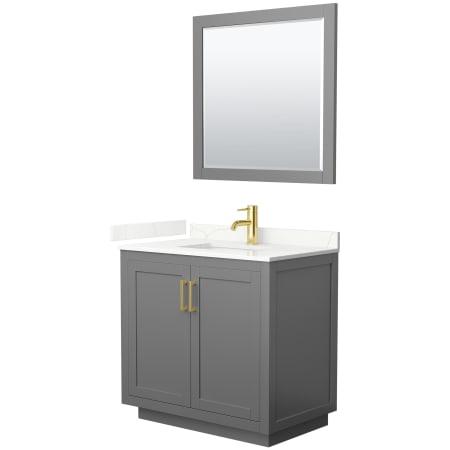 A large image of the Wyndham Collection WCF292936S-QTZ-UNSM34 Dark Gray / Giotto Quartz Top / Brushed Gold Hardware