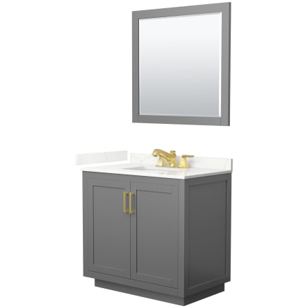 A large image of the Wyndham Collection WCF292936S-QTZ-US3M34 Dark Gray / Giotto Quartz Top / Brushed Gold Hardware