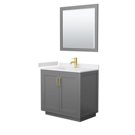 A large image of the Wyndham Collection WCF2929-36S-VCA-M34 Dark Gray / White Cultured Marble Top / Brushed Gold Hardware