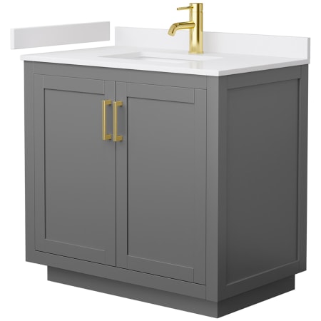 A large image of the Wyndham Collection WCF2929-36S-VCA-MXX Dark Gray / White Cultured Marble Top / Brushed Gold Hardware