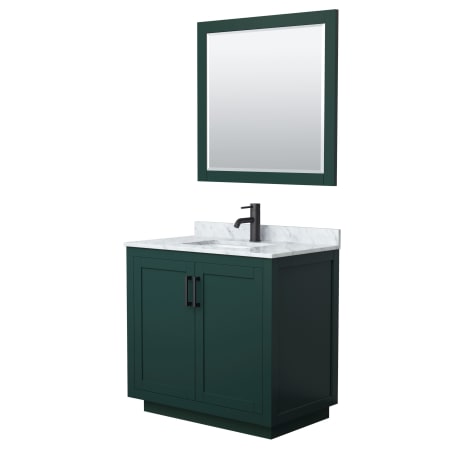 A large image of the Wyndham Collection WCF2929-36S-NAT-M34 Green / White Carrara Marble Top / Matte Black Hardware