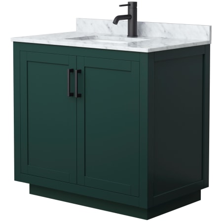 A large image of the Wyndham Collection WCF2929-36S-NAT-MXX Green / White Carrara Marble Top / Matte Black Hardware