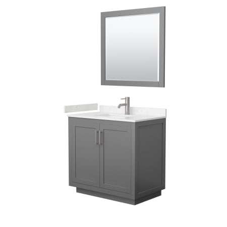 A large image of the Wyndham Collection WCF2929-36S-VCA-M34 Dark Gray / Carrara Cultured Marble Top / Brushed Nickel Hardware