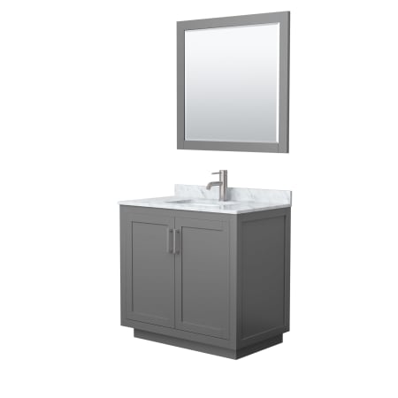 A large image of the Wyndham Collection WCF2929-36S-NAT-M34 Dark Gray / White Carrara Marble Top / Brushed Nickel Hardware