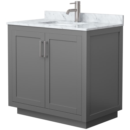 A large image of the Wyndham Collection WCF2929-36S-NAT-MXX Dark Gray / White Carrara Marble Top / Brushed Nickel Hardware