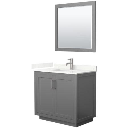 A large image of the Wyndham Collection WCF292936S-QTZ-UNSM34 Dark Gray / Giotto Quartz Top / Brushed Nickel Hardware
