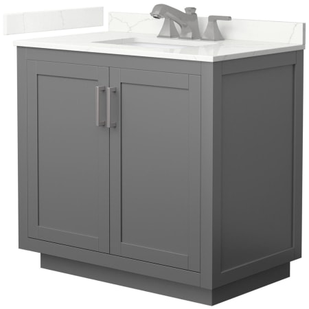 A large image of the Wyndham Collection WCF292936S-QTZ-US3MXX Dark Gray / Giotto Quartz Top / Brushed Nickel Hardware