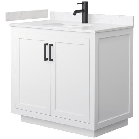 A large image of the Wyndham Collection WCF2929-36S-VCA-MXX White / Carrara Cultured Marble Top / Matte Black Hardware