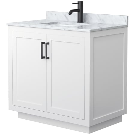 A large image of the Wyndham Collection WCF2929-36S-NAT-MXX White / White Carrara Marble Top / Matte Black Hardware