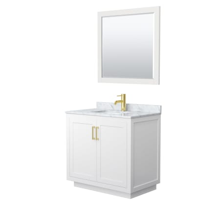 A large image of the Wyndham Collection WCF2929-36S-NAT-M34 White / White Carrara Marble Top / Brushed Gold Hardware