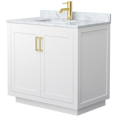 A large image of the Wyndham Collection WCF2929-36S-NAT-MXX White / White Carrara Marble Top / Brushed Gold Hardware