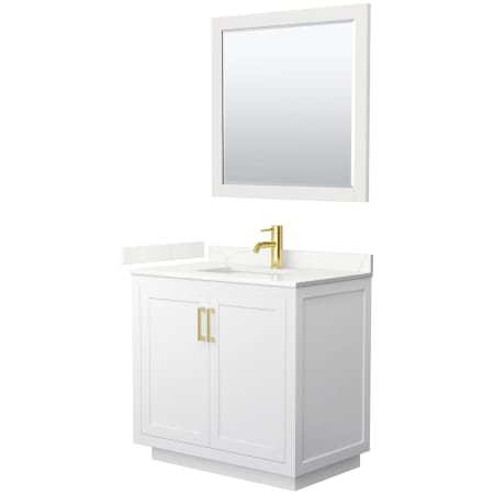 A large image of the Wyndham Collection WCF292936S-QTZ-UNSM34 White / Giotto Quartz Top / Brushed Gold Hardware