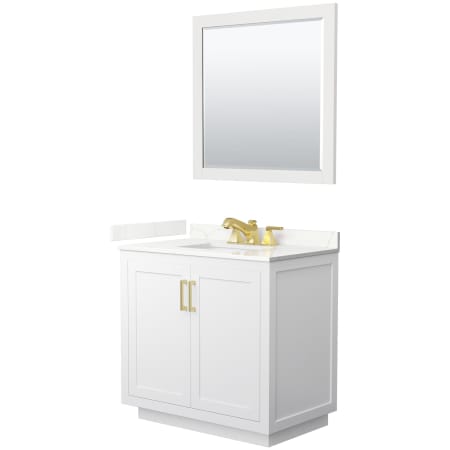 A large image of the Wyndham Collection WCF292936S-QTZ-US3M34 White / Giotto Quartz Top / Brushed Gold Hardware