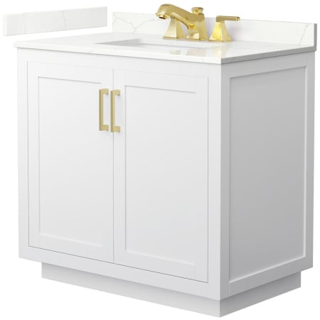 A large image of the Wyndham Collection WCF292936S-QTZ-US3MXX White / Giotto Quartz Top / Brushed Gold Hardware