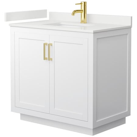 A large image of the Wyndham Collection WCF292936S-QTZ-UNSMXX White / White Quartz Top / Brushed Gold Hardware