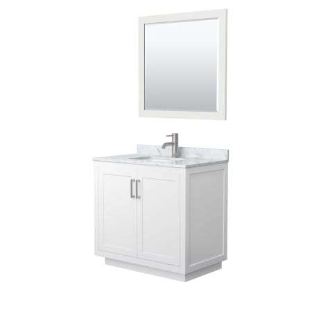 A large image of the Wyndham Collection WCF2929-36S-NAT-M34 White / White Carrara Marble Top / Brushed Nickel Hardware