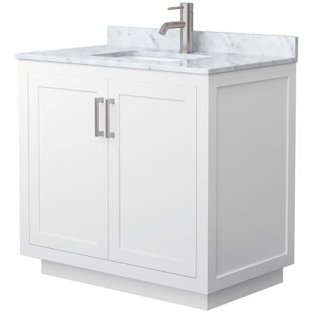A large image of the Wyndham Collection WCF2929-36S-NAT-MXX White / White Carrara Marble Top / Brushed Nickel Hardware