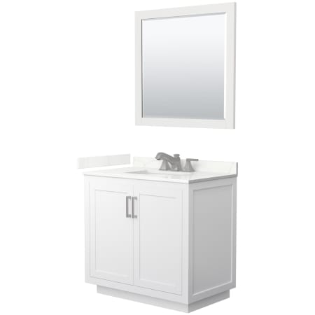 A large image of the Wyndham Collection WCF292936S-QTZ-US3M34 White / Giotto Quartz Top / Brushed Nickel Hardware