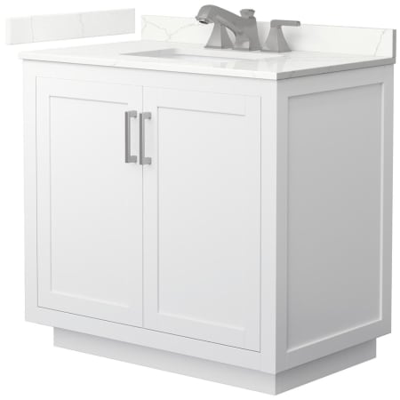 A large image of the Wyndham Collection WCF292936S-QTZ-US3MXX White / Giotto Quartz Top / Brushed Nickel Hardware