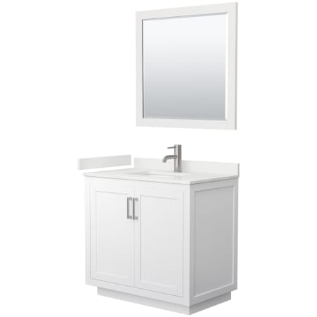 A large image of the Wyndham Collection WCF292936S-QTZ-UNSM34 White / White Quartz Top / Brushed Nickel Hardware
