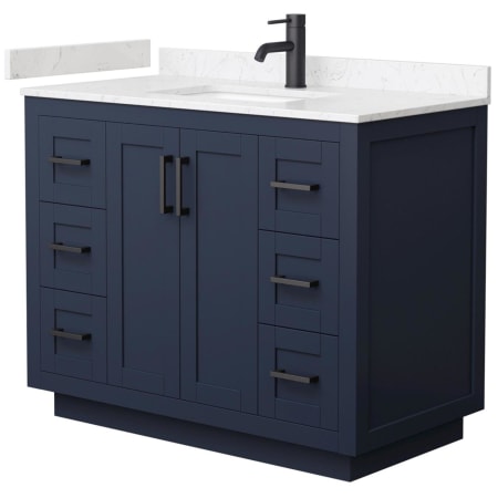A large image of the Wyndham Collection WCF2929-42S-VCA-MXX Dark Blue / Carrara Cultured Marble Top / Matte Black Hardware