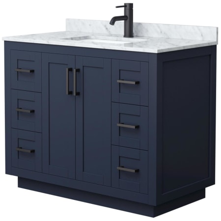 A large image of the Wyndham Collection WCF2929-42S-NAT-MXX Dark Blue / White Carrara Marble Top / Matte Black Hardware