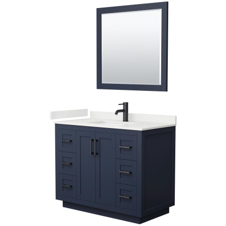 A large image of the Wyndham Collection WCF292942S-QTZ-UNSM34 Dark Blue / White Quartz Top / Matte Black Hardware