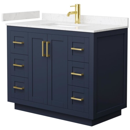 A large image of the Wyndham Collection WCF2929-42S-VCA-MXX Dark Blue / Carrara Cultured Marble Top / Brushed Gold Hardware