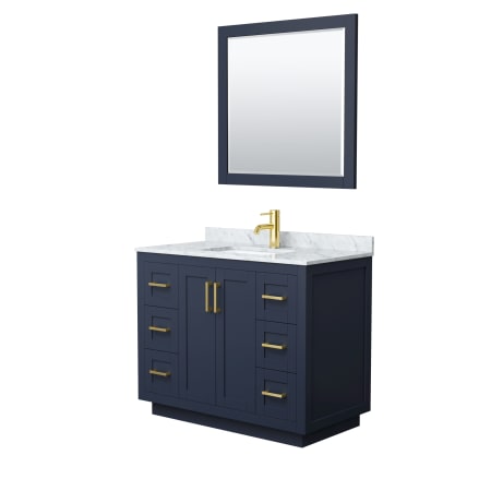A large image of the Wyndham Collection WCF2929-42S-NAT-M34 Dark Blue / White Carrara Marble Top / Brushed Gold Hardware