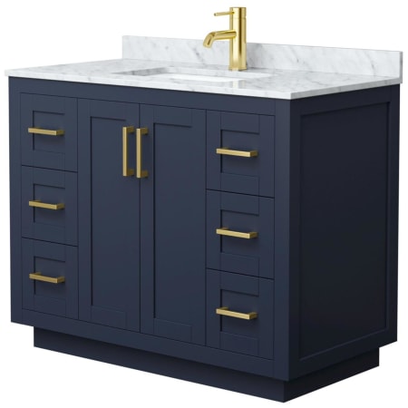 A large image of the Wyndham Collection WCF2929-42S-NAT-MXX Dark Blue / White Carrara Marble Top / Brushed Gold Hardware