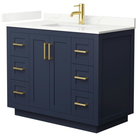A large image of the Wyndham Collection WCF292942S-QTZ-UNSMXX Dark Blue / Giotto Quartz Top / Brushed Gold Hardware