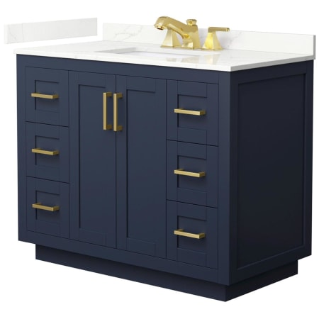 A large image of the Wyndham Collection WCF292942S-QTZ-US3MXX Dark Blue / Giotto Quartz Top / Brushed Gold Hardware