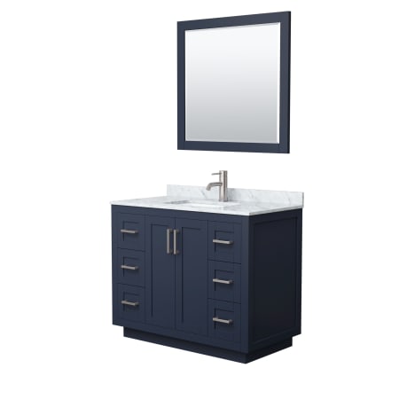 A large image of the Wyndham Collection WCF2929-42S-NAT-M34 Dark Blue / White Carrara Marble Top / Brushed Nickel Hardware