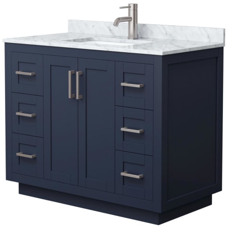 A large image of the Wyndham Collection WCF2929-42S-NAT-MXX Dark Blue / White Carrara Marble Top / Brushed Nickel Hardware