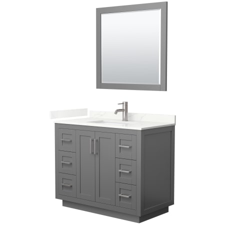 A large image of the Wyndham Collection WCF292942S-QTZ-UNSM34 Dark Gray / Giotto Quartz Top / Brushed Nickel Hardware