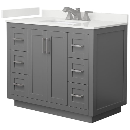 A large image of the Wyndham Collection WCF292942S-QTZ-US3MXX Dark Gray / White Quartz Top / Brushed Nickel Hardware