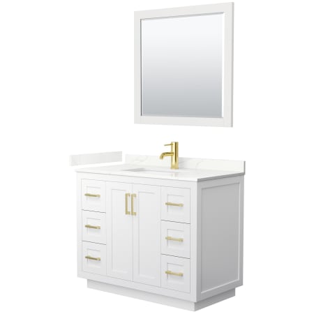 A large image of the Wyndham Collection WCF292942S-QTZ-UNSM34 White / Giotto Quartz Top / Brushed Gold Hardware